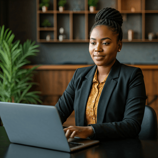Confident professional working on a laptop in a modern tech hub